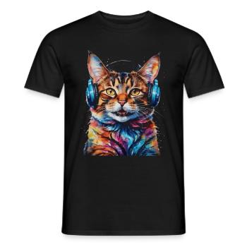 Katze Kopfhörer Bunt Lustig Tier Design Print - Männer T-Shirt - Schwarz - Vorne - AI Model Male 178 light (178cm)