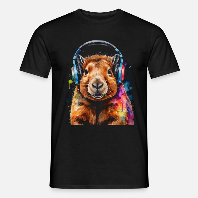Capybara Kopfhörer Capy Bunt Tier Design Print - Männer T-Shirt - Schwarz