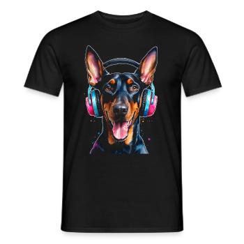 Dobermann Kopfhörer Hund Lustig Tier Design Print - Männer T-Shirt - Schwarz - Vorne - AI Model Male 178 light (178cm)