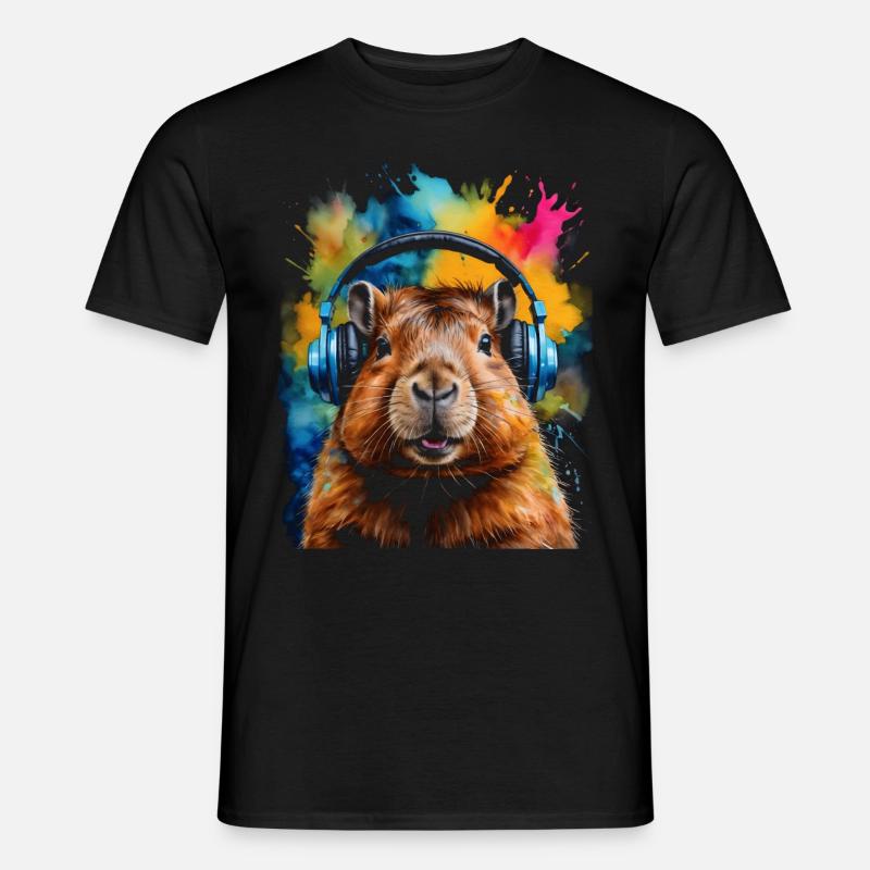 Capybara Kopfhörer Capy Bunt Tier Design Print - Männer T-Shirt - Schwarz