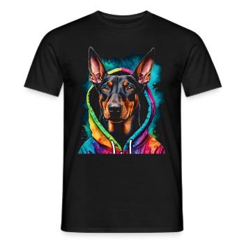 Dobermann Hoodie Hund Bunt Lustig Tier Print - Männer T-Shirt - Schwarz - Vorne - AI Model Male 178 light (178cm)