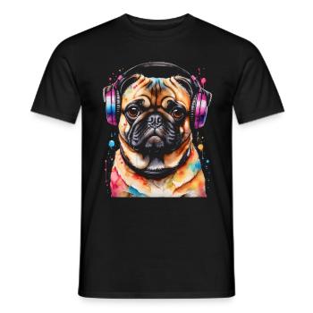 Mops Kopfhörer Hund Bunt Lustig Tier Design Print - Männer T-Shirt - Schwarz - Vorne - AI Model Male 178 light (178cm)