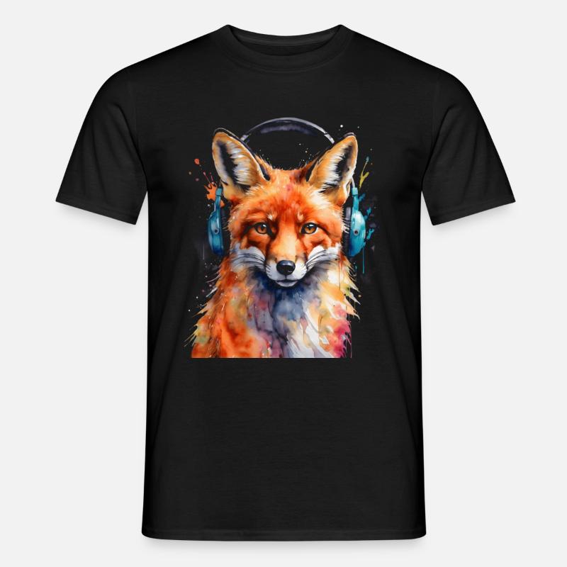 Fuchs Kopfhörer Musik Bunt Tier Design Print - Männer T-Shirt - Schwarz