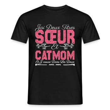 J'ai deux titres Sœur et catmom. Cadeau soeur.chat - T-shirt homme - noir - Devant - AI Model Male 178 light (178cm)