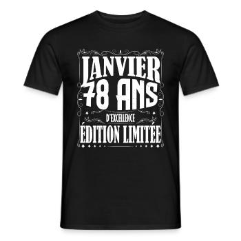 Janvier 78 ans. Cadeau 78 ans janvier anniversaire - T-shirt homme - noir - Devant - AI Model Male 178 light (178cm)