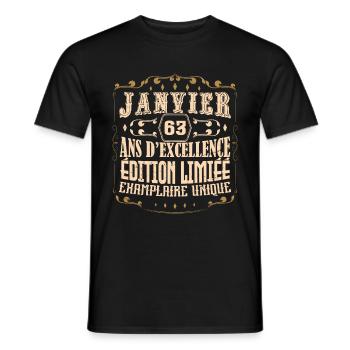 Vintage Janvier 63 ans. anniversaire janvier. - T-shirt homme - noir - Devant - AI Model Male 178 light (178cm)