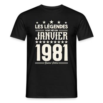 cadeau d'anniversaire janvier 1981. Janvier 1981. - T-shirt homme - noir - Devant - AI Model Male 178 light (178cm)