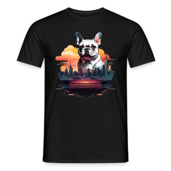 SILHOUETTE DE BOULEDOGUE FRANÇAIS AVEC UN COUCHER DE SOLEIL DE VILLE - T-shirt homme - noir - Devant - AI Model Male 178 light (178cm)