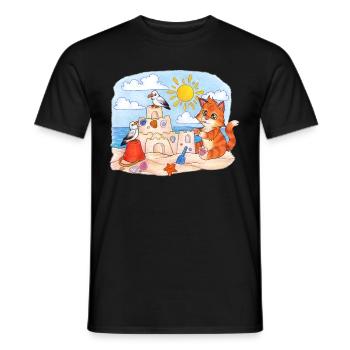Niedliche Katze am Strand mit Sandburg Sommer - Männer T-Shirt - Schwarz - Vorne - AI Model Male 178 light (178cm)