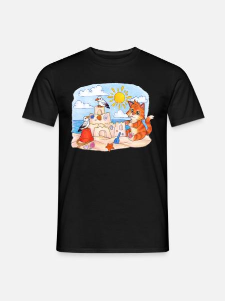 Niedliche Katze am Strand mit Sandburg Sommer - Männer T-Shirt - Schwarz