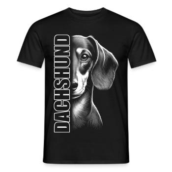 Dackel Porträt mit vertikalem Schriftzug DACHSHUND - Männer T-Shirt - Schwarz - Vorne - AI Model Male 178 light (178cm)