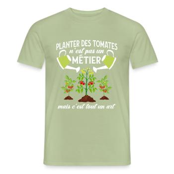 Planter des tomates - humour cadeau - T-shirt homme - vert sauge - Devant - AI Model Male 178 light (178cm)