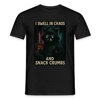I Dwell in Chaos – Hacker Raccoon with Pizza & USB - Men's T-Shirt - black - Front - AI Model Male 178 light (178cm)