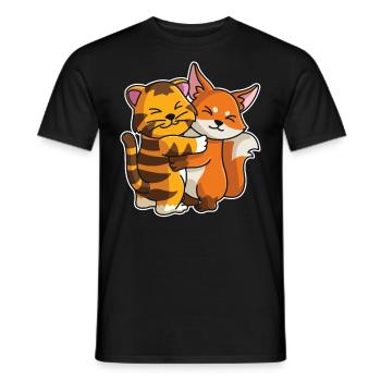 tabby cat and fox cute Hug Cuddle Animals - Men's T-Shirt - black - Front - AI Model Male 178 light (178cm)