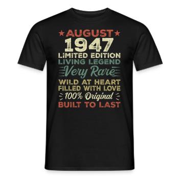 Août 1947 - Idée cadeau pour août 1947 - 1947 - T-shirt homme - noir - Devant - AI Model Male 178 light (178cm)