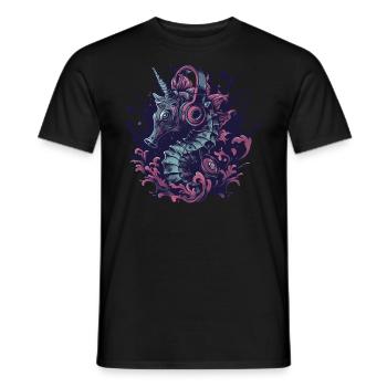Seahorse unicorn listens to music - Men's T-Shirt - black - Front - AI Model Male 178 light (178cm)