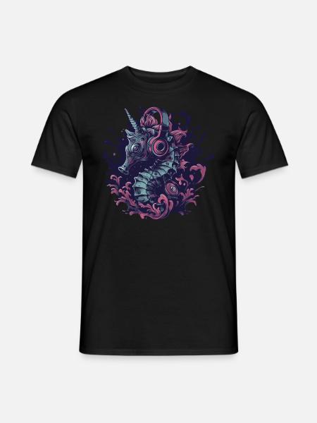 Seepferdchen Einhorn hört Musik - Männer T-Shirt - Schwarz