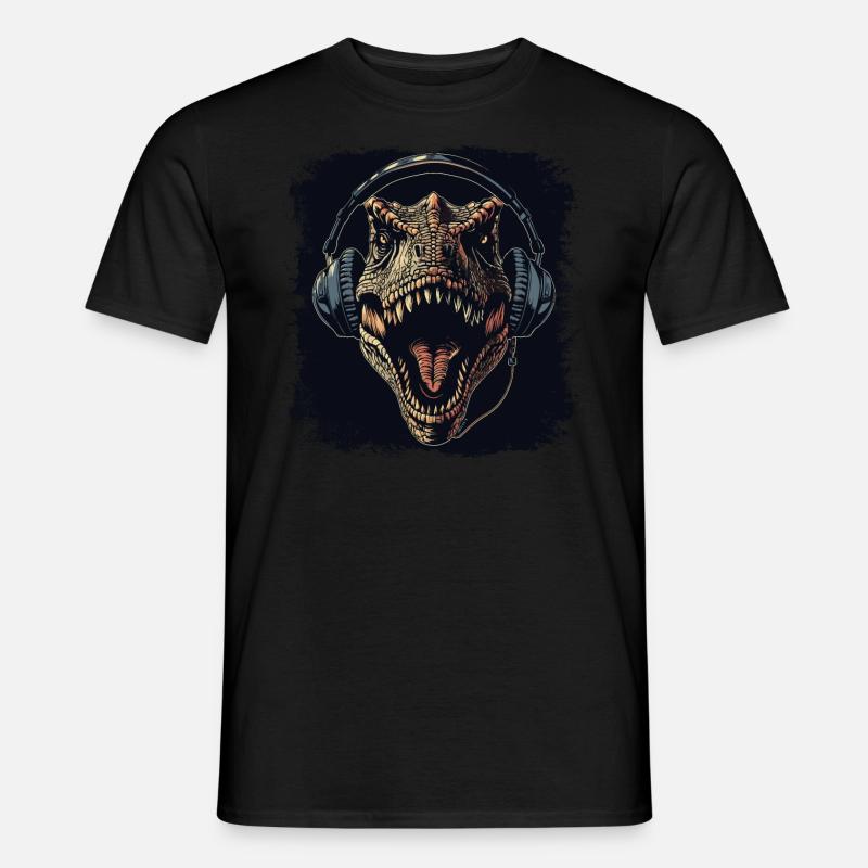 T-Rex Dinosaurier hört Musik - Männer T-Shirt - Schwarz
