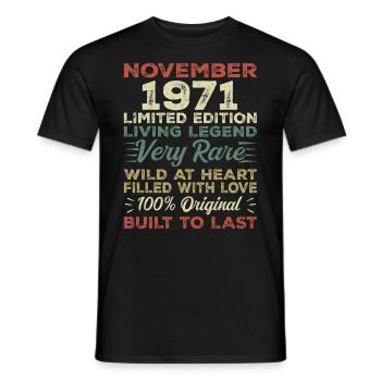Légende : depuis novembre 1971 Né en novembre 1971 - T-shirt homme - noir - Devant - AI Model Male 178 light (178cm)