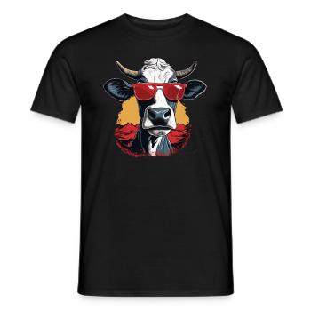 A cow with sunglasses in the mountains - Men's T-Shirt - black - Front - AI Model Male 178 light (178cm)