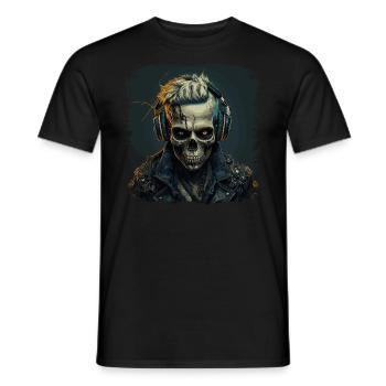 Cyborg Zombie Skull Disc Jockey - Men's T-Shirt - black - Front - AI Model Male 178 light (178cm)