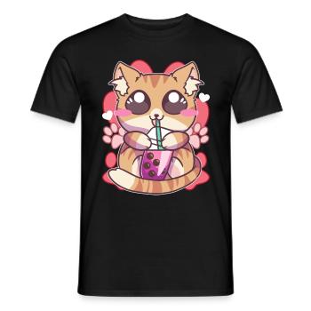 Kitten Drinking Boba Tea Kawaii Anime - Men's T-Shirt - black - Front - AI Model Male 178 light (178cm)