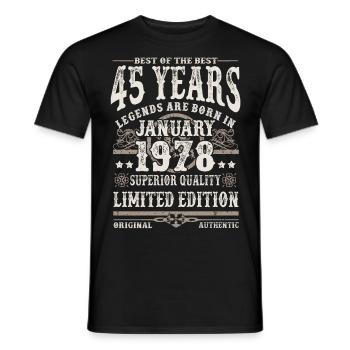 Born in January 1978 - 45 years old - Men's T-Shirt - black - Front - AI Model Male 178 light (178cm)