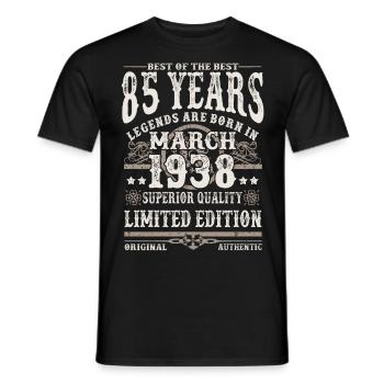 Born in March 1938 - 85 years old - Men's T-Shirt - black - Front - AI Model Male 178 light (178cm)