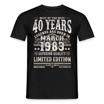 Born in March 1983 - 40 years old - Men's T-Shirt - black - Front - AI Model Male 178 light (178cm)