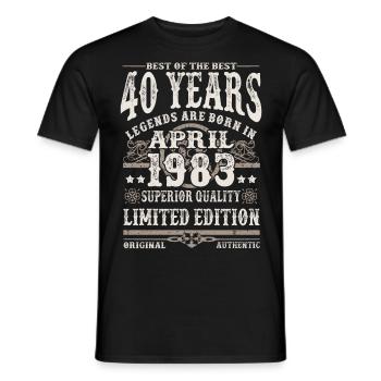 Born in April 1983 - 40 years old - Men's T-Shirt - black - Front - AI Model Male 178 light (178cm)