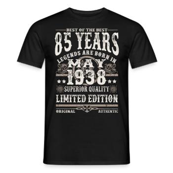 Born in May 1938 - 85 years old - Men's T-Shirt - black - Front - AI Model Male 178 light (178cm)