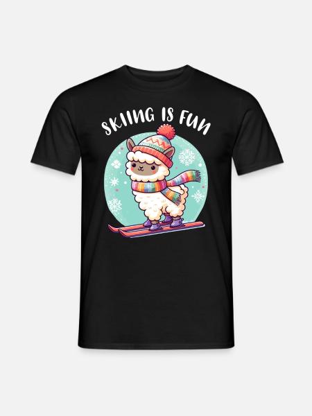 Lama mignon avec bonnet tricoté skis drôle - T-shirt homme - noir