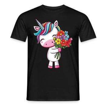 Niedliches Einhorn mit buntem Blumenstrauß - Männer T-Shirt - Schwarz - Vorne - AI Model Male 178 light (178cm)