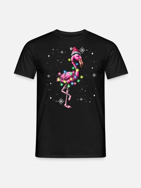 Niedliche rosa Flamingo-Weihnachtsbaum-Lichter eingewickelt - Männer T-Shirt - Schwarz