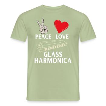 Instrument d’harmonica en verre Peace Love - T-shirt homme - vert sauge - Devant - AI Model Male 178 light (178cm)