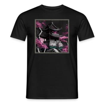 Vintage Japanese Sakura Cherry Blossom Temple - Men's T-Shirt - black - Front - AI Model Male 178 light (178cm)