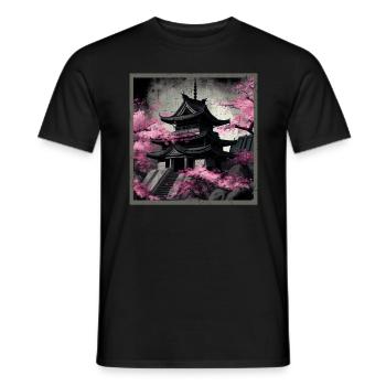 Vintage Japanese Sakura Cherry Blossom Temple - Men's T-Shirt - black - Front - AI Model Male 178 light (178cm)