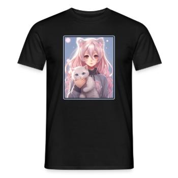 Kawaii Girl Anime Manga Girl Cat - T-shirt homme - noir - Devant - AI Model Male 178 light (178cm)