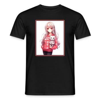 Kawaii Girl Anime Manga Girl Cat - T-shirt homme - noir - Devant - AI Model Male 178 light (178cm)