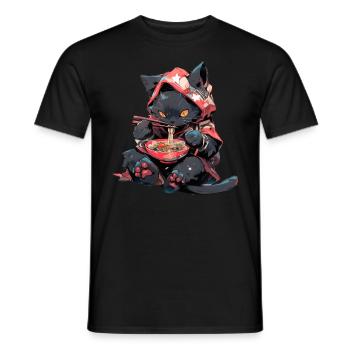 Anime Manga Kawaii Cat Eats Ramen Noodles - Men's T-Shirt - black - Front - AI Model Male 178 light (178cm)