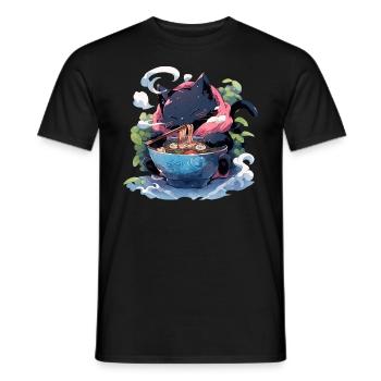 Anime Manga Kawaii Cat Eats Ramen Noodles - Men's T-Shirt - black - Front - AI Model Male 178 light (178cm)