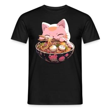 Anime Manga Kawaii Cat Eats Ramen Noodles - Men's T-Shirt - black - Front - AI Model Male 178 light (178cm)