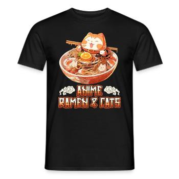Anime Manga Kawaii Cat Eats Ramen Noodles - Men's T-Shirt - black - Front - AI Model Male 178 light (178cm)