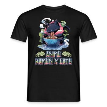 Anime Manga Kawaii Cat Eats Ramen Noodles - Men's T-Shirt - black - Front - AI Model Male 178 light (178cm)