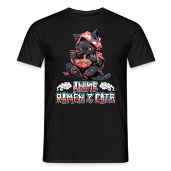 Anime Manga Kawaii Cat Eats Ramen Noodles - Men's T-Shirt - black - Front - AI Model Male 178 light (178cm)