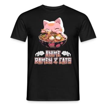 Anime Manga Kawaii Cat Eats Ramen Noodles - Men's T-Shirt - black - Front - AI Model Male 178 light (178cm)