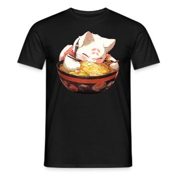 Anime Manga Kawaii Cat Eats Ramen Noodles - Men's T-Shirt - black - Front - AI Model Male 178 light (178cm)
