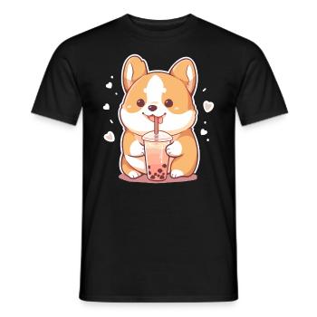 Kawaii Corgi Dog Drinks Boba Bubble Tea Chibi - Men's T-Shirt - black - Front - AI Model Male 178 light (178cm)