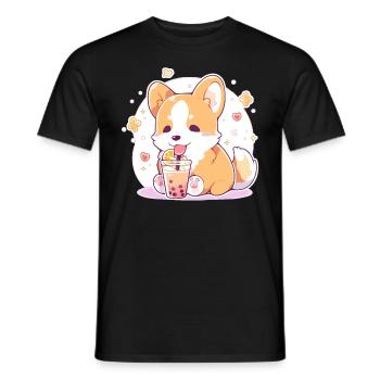 Kawaii Corgi Dog Drinks Boba Bubble Tea Chibi - Men's T-Shirt - black - Front - AI Model Male 178 light (178cm)