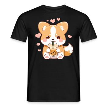 Kawaii Corgi Dog Drinks Boba Bubble Tea Chibi - Men's T-Shirt - black - Front - AI Model Male 178 light (178cm)